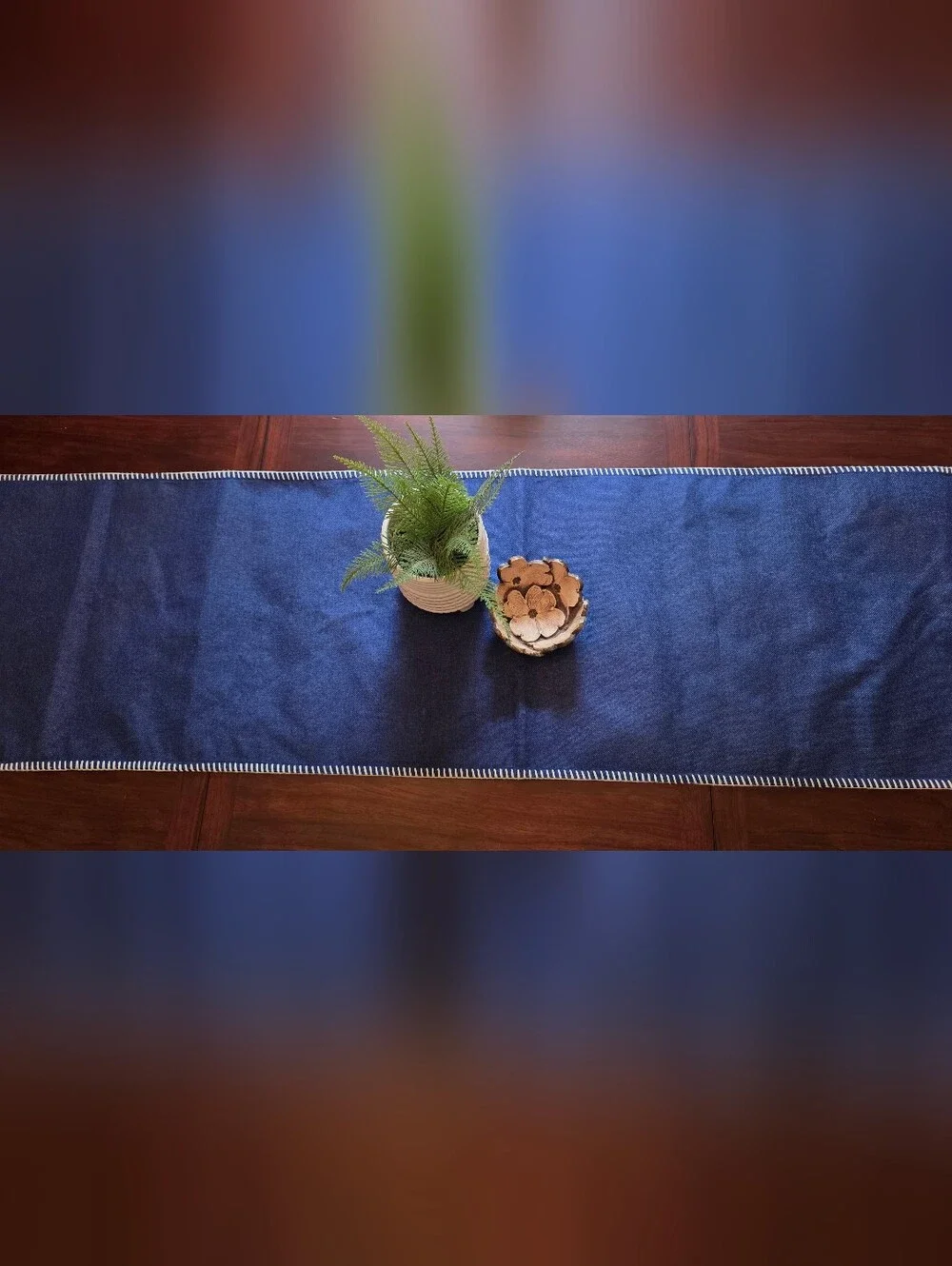 Navy Blue Table Runner White Whipstitch Coastal Farmhouse Nautical Beach 16x90